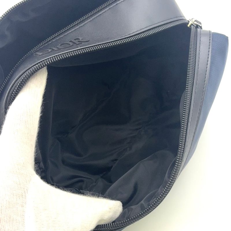 Christian Dior Double Zip Polyester Navy Clutch Bag Silver