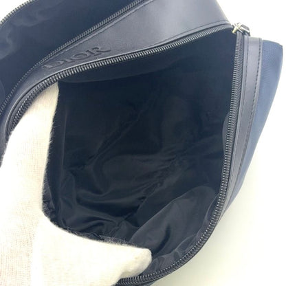 Christian Dior Double Zip Polyester Navy Clutch Bag Silver