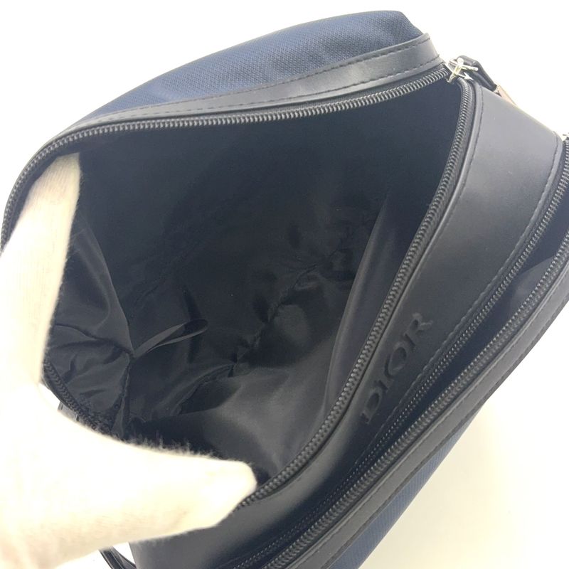 Christian Dior Double Zip Polyester Navy Clutch Bag Silver