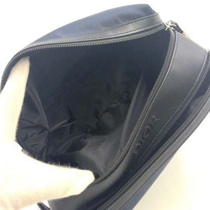 Christian Dior Double Zip Polyester Navy Clutch Bag Silver