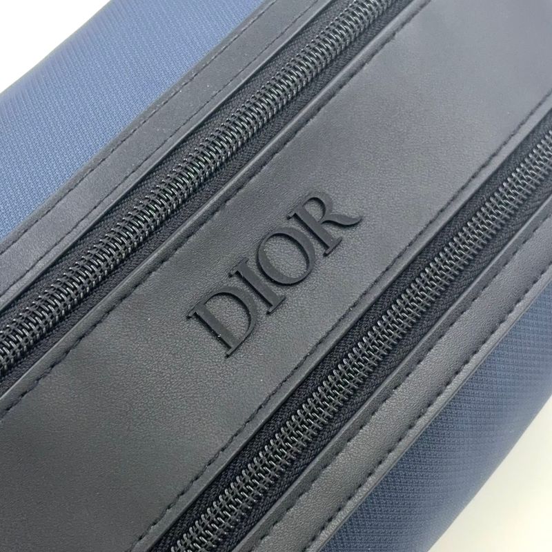 Christian Dior Double Zip Polyester Navy Clutch Bag Silver
