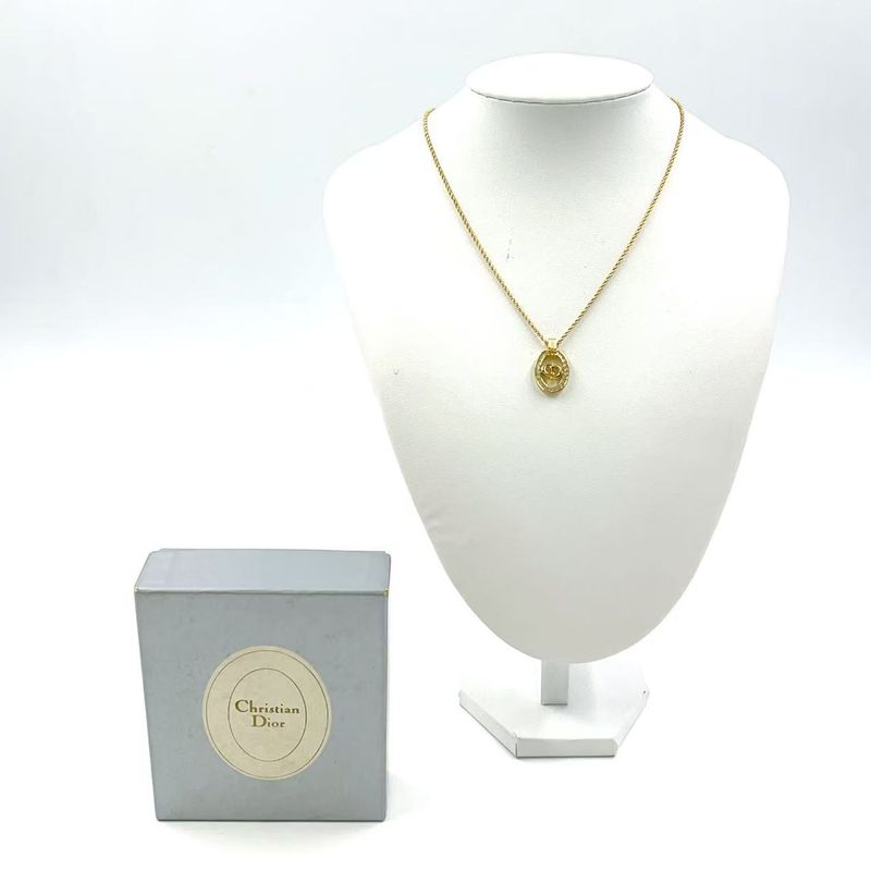 Christian Dior CD Logo Rhinestone GP Gold Necklace