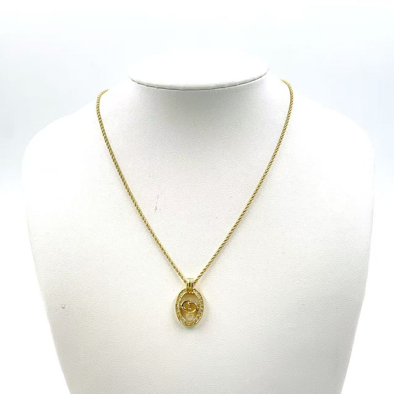 Christian Dior CD Logo Rhinestone GP Gold Necklace
