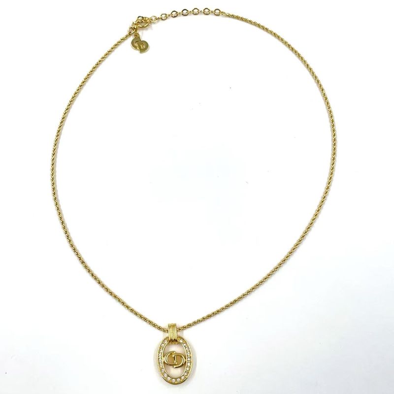 Christian Dior CD Logo Rhinestone GP Gold Necklace