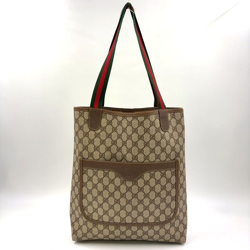 Gucci Old Gucci Sherry Line PVC Green And Beige And Red Tote Bag 002 123 6487