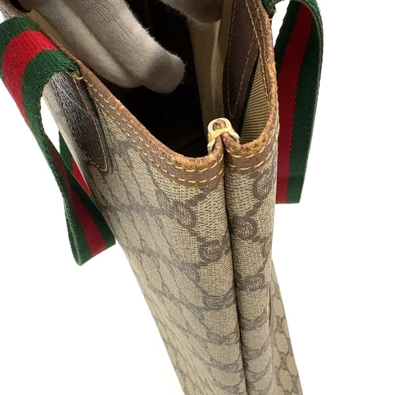 Gucci Old Gucci Sherry Line PVC Green And Beige And Red Tote Bag 002 123 6487