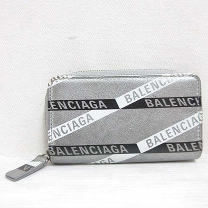 Balenciaga Coin Case Coin Purse Round Zipper Logo Metallic Silver 551937 AA