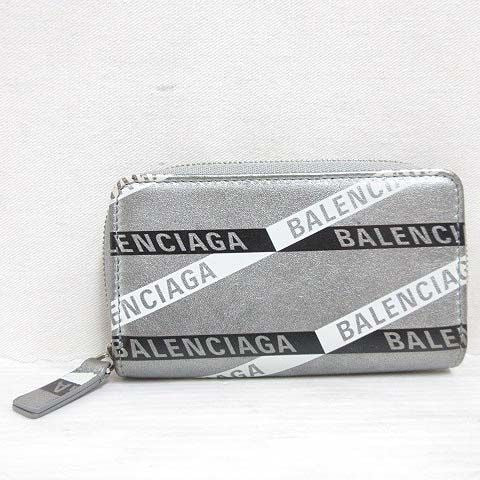Balenciaga Coin Case Coin Purse Round Zipper Logo Metallic Silver 551937 AA