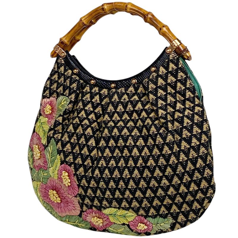 Gucci Bamboo Handbag Floral Stitching Handbag Fabric Black Multicolor 125585