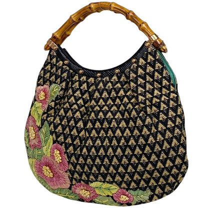 Gucci Bamboo Handbag Floral Stitching Handbag Fabric Black Multicolor 125585