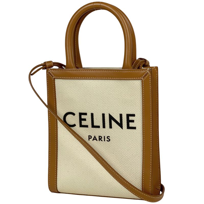 Celine Mini Vertical Cabas 2WAY Shoulder Bag Logo Tote Canvas Ivory Brown Women