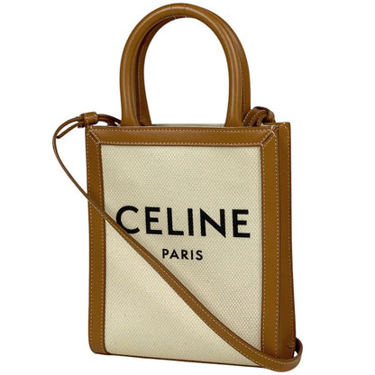 Celine Mini Vertical Cabas 2WAY Shoulder Bag Logo Tote Canvas Ivory Brown Women