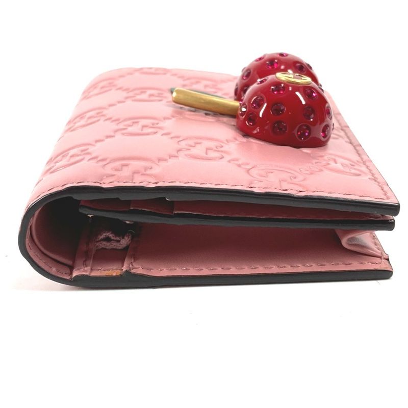 Gucci Bifold Wallet Cherry 476050 Striped Leather Pink