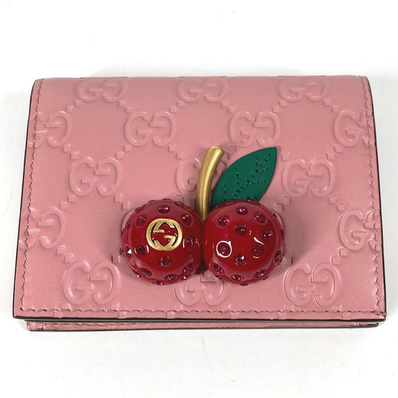 Gucci Bifold Wallet Cherry 476050 Striped Leather Pink