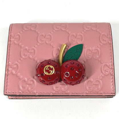 Gucci Bifold Wallet Cherry 476050 Striped Leather Pink