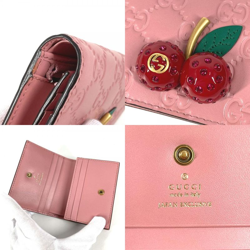 Gucci Bifold Wallet Cherry 476050 Striped Leather Pink