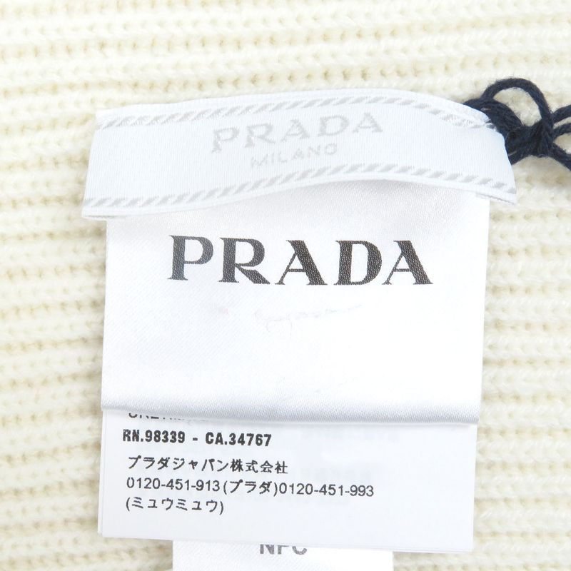 Prada Ums418 Cashmere 100% Tricolor Ribbed Knit Scarf With Logo Ivory Made In