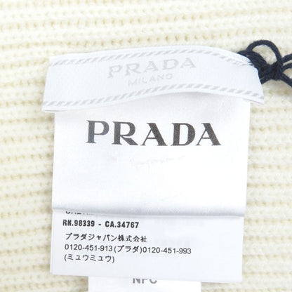 Prada Ums418 Cashmere 100% Tricolor Ribbed Knit Scarf With Logo Ivory Made In