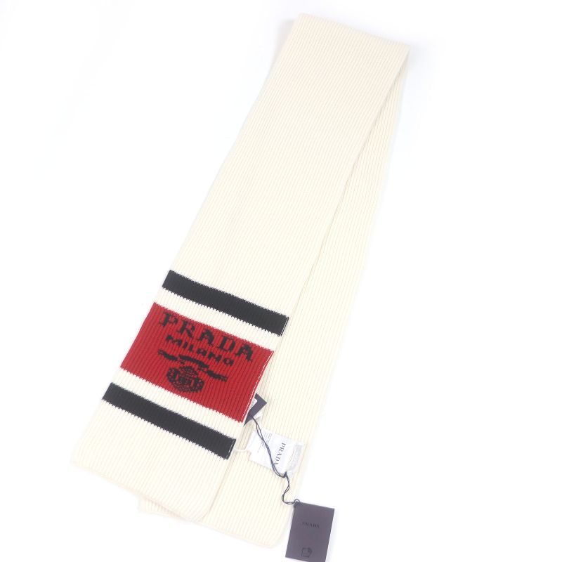 Prada Ums418 Cashmere 100% Tricolor Ribbed Knit Scarf With Logo Ivory Made In