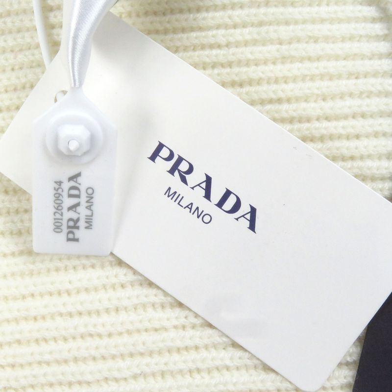 Prada Ums418 Cashmere 100% Tricolor Ribbed Knit Scarf With Logo Ivory Made In