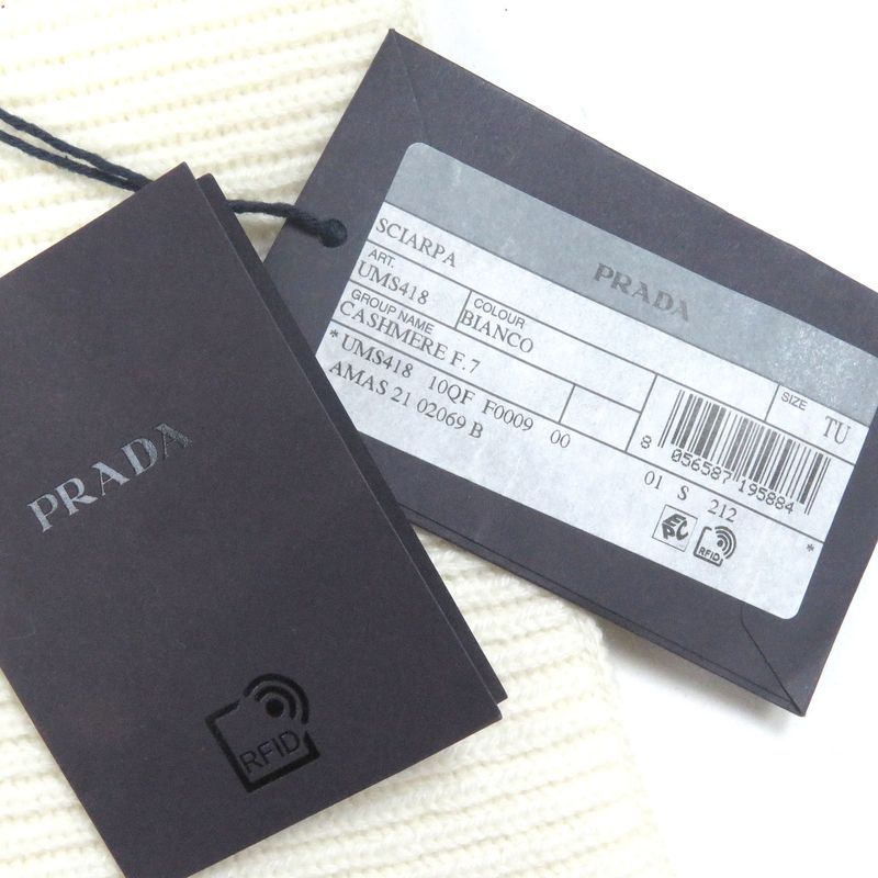 Prada Ums418 Cashmere 100% Tricolor Ribbed Knit Scarf With Logo Ivory Made In