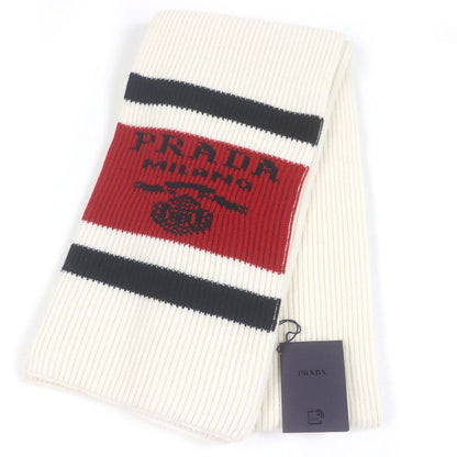 Prada Ums418 Cashmere 100% Tricolor Ribbed Knit Scarf With Logo Ivory Made In