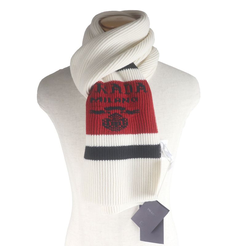 Prada Ums418 Cashmere 100% Tricolor Ribbed Knit Scarf With Logo Ivory Made In