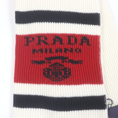 Prada Ums418 Cashmere 100% Tricolor Ribbed Knit Scarf With Logo Ivory Made In