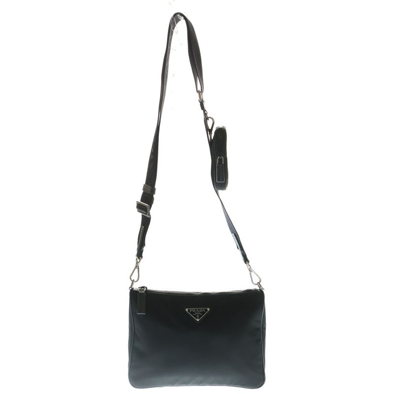 Prada Re-nylon Triangle Logo Plate Saffiano Leather Shoulder Bag Silver