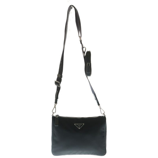 Prada Re-nylon Triangle Logo Plate Saffiano Leather Shoulder Bag Silver