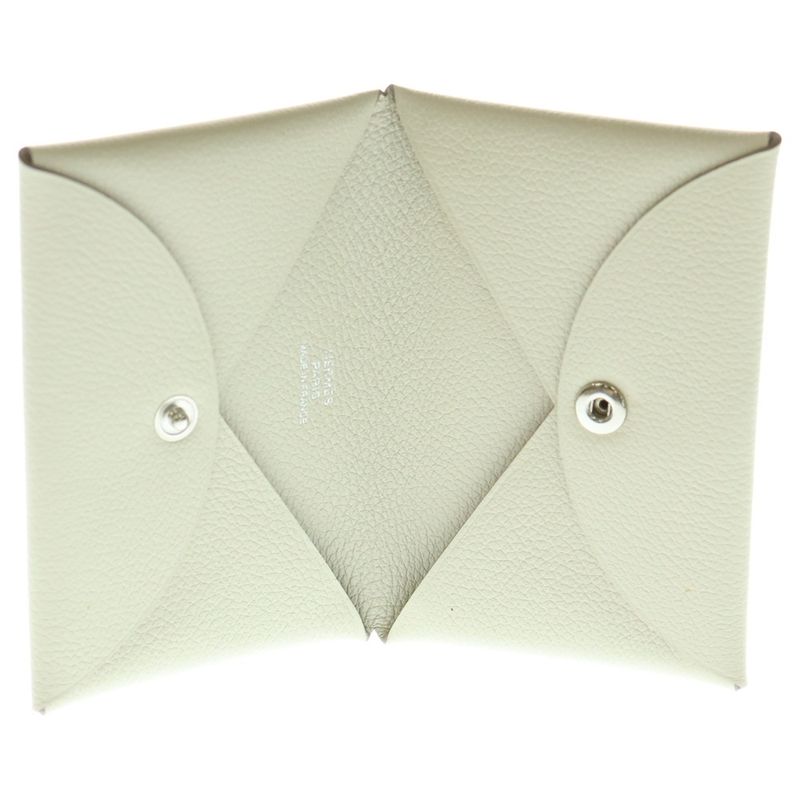 Hermes Calvi Nata Leather Card Case White Silver Hardware Stamped B