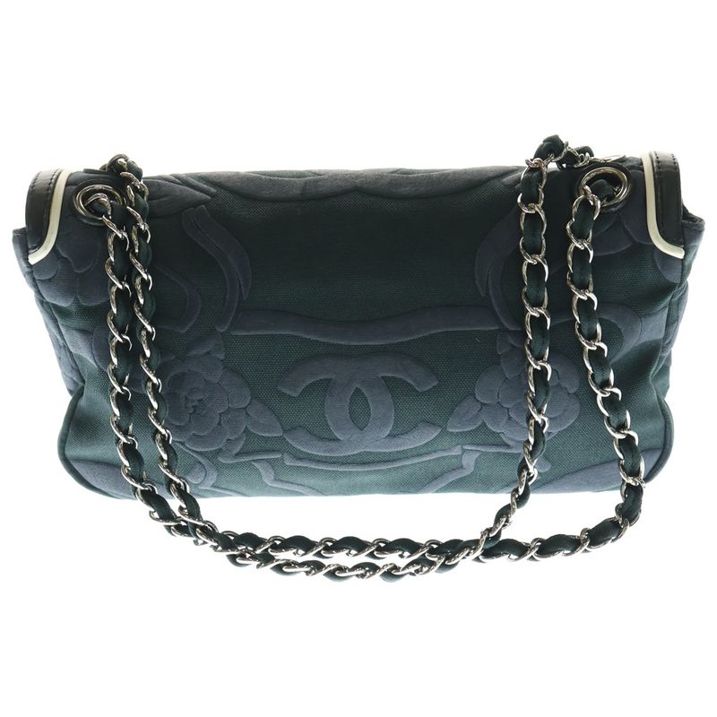 Chanel Camellia Chain Shoulder Bag Black Gray Canvas And Leather Silver Hardware