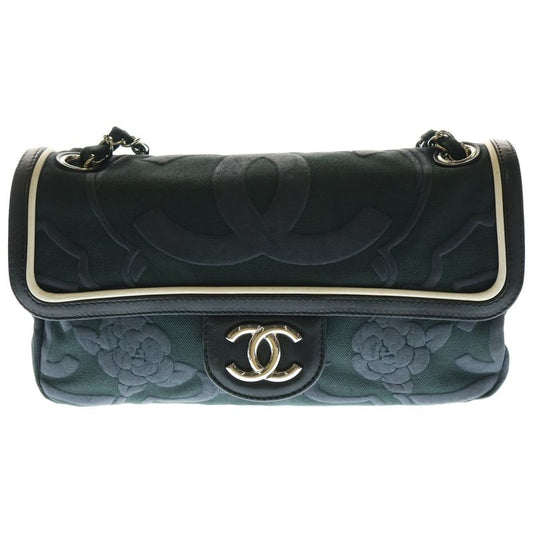 Chanel Camellia Chain Shoulder Bag Black Gray Canvas And Leather Silver Hardware