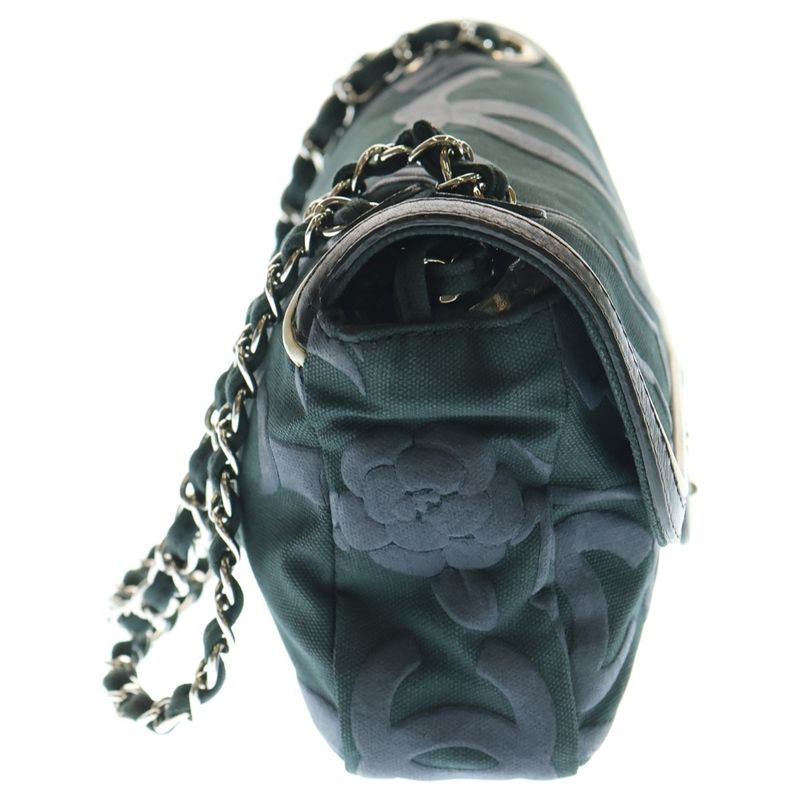 Chanel Camellia Chain Shoulder Bag Black Gray Canvas And Leather Silver Hardware