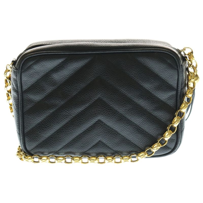 Chanel Chevron V-stitch Chain Shoulder Bag Caviar Skin Black Gold Hardware