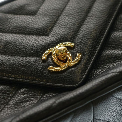 Chanel Chevron V-stitch Chain Shoulder Bag Caviar Skin Black Gold Hardware
