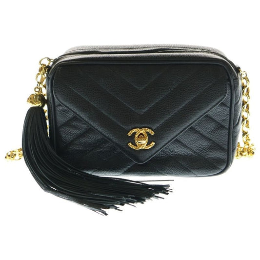 Chanel Chevron V-stitch Chain Shoulder Bag Caviar Skin Black Gold Hardware