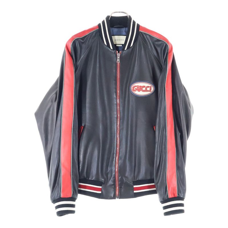 Gucci Logo Patch Varsity Leather Jacket Black 523526 Xg649