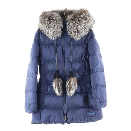 Prada Rubber Wappen Logo Tassel Hooded Zip Up Down Long Jacket Coat Navy Women