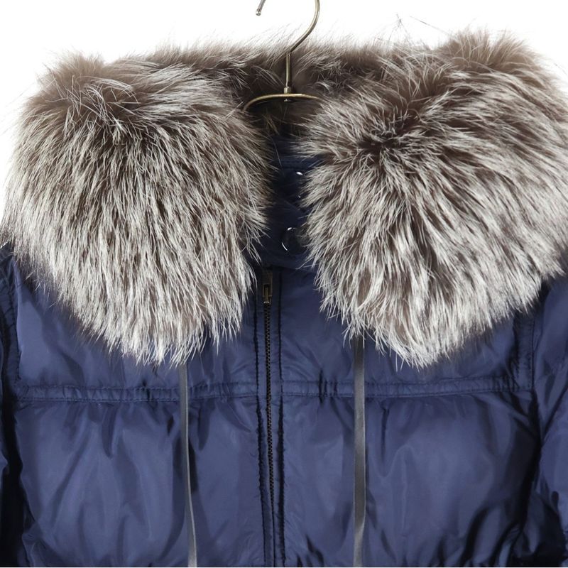 Prada Rubber Wappen Logo Tassel Hooded Zip Up Down Long Jacket Coat Navy Women