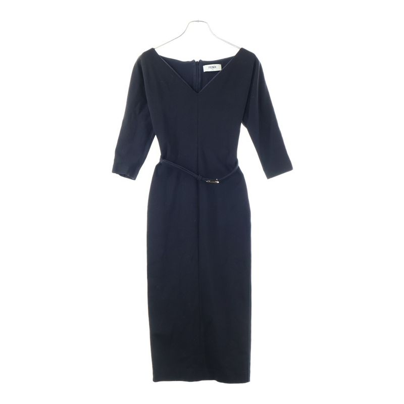 Fendi FF Logo Buckle Belt V-neck Wool Knit Half Sleeve Half Sleeve Long Dress