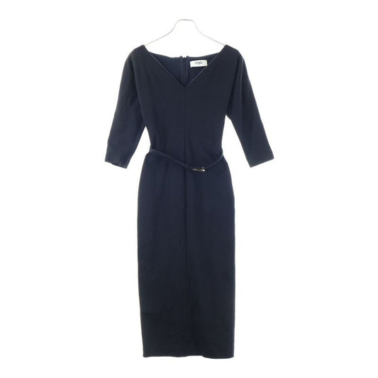 Fendi FF Logo Buckle Belt V-neck Wool Knit Half Sleeve Half Sleeve Long Dress