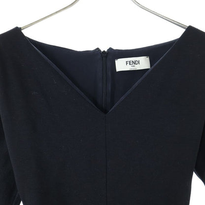 Fendi FF Logo Buckle Belt V-neck Wool Knit Half Sleeve Half Sleeve Long Dress