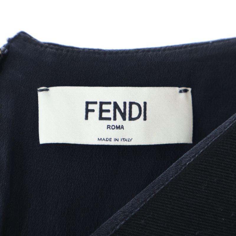 Fendi FF Logo Buckle Belt V-neck Wool Knit Half Sleeve Half Sleeve Long Dress