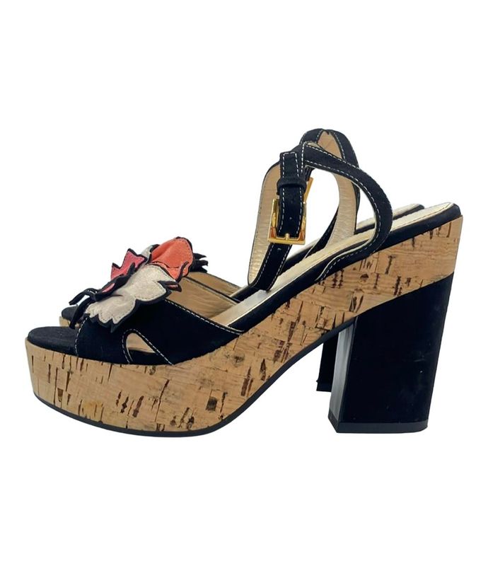 Prada Cork Sandals Suede Flower Applique Women's SIZE 34 21cm (8.27in) Prada