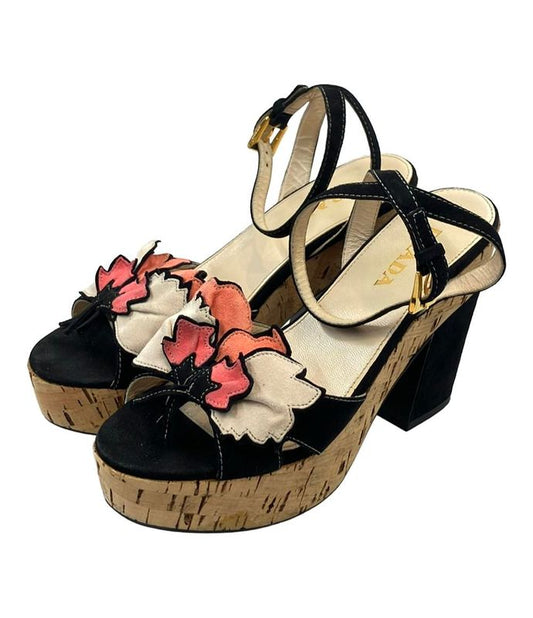 Prada Cork Sandals Suede Flower Applique Women's SIZE 34 21cm (8.27in) Prada