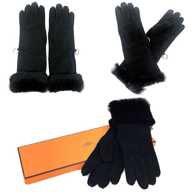 Hermes Gloves Lapin Suede Size 7 Black Aq4668
