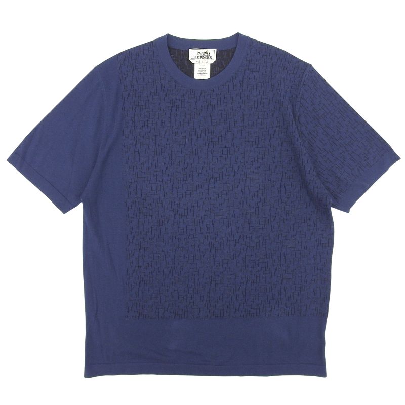 Hermes 100% Cotton H Pattern Crew Neck Short Sleeve T-shirt Cut And Sewn Navy