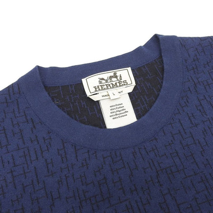 Hermes 100% Cotton H Pattern Crew Neck Short Sleeve T-shirt Cut And Sewn Navy