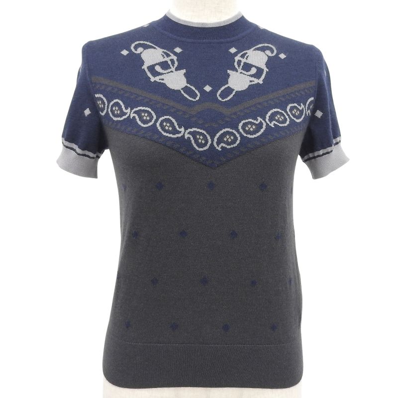 Hermes 2022 Court Harness Cashmere Silk Short Sleeves Knit Navy Gray 36 Made